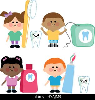 Hygiène dentaire de l'enfant. Les enfants chez le dentiste qui se brossent les dents. Soins dentaires. Jeu d'illustrations vectorielles Illustration de Vecteur