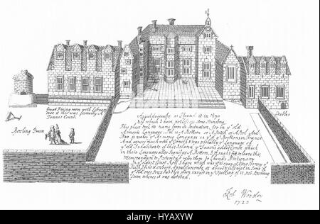 Appuldurcombe House, un manoir Tudor, tel que dessiné par Sir Robert Worsley en 1720, avec des annotations décrivant son histoire et son étymologie, faisant référence à la langue armoricaine et à son lien avec les anciens habitants de l'île. Banque D'Images