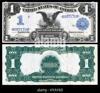 Il s'agit d'un billet d'un dollar américain émis en 1899, plus précisément le certificat série 1899 d'argent de 1 $. Le projet de loi présente un portrait de Martha et George Washington, reflétant la conception de la monnaie de la fin du XIXe siècle aux États-Unis. Banque D'Images