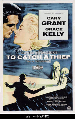 To Catch a Thief est un film classique de 1955 réalisé par Alfred Hitchcock, avec Cary Grant et Grace Kelly. Le film combine des éléments de romance et de suspense, se déroulant sur la Côte d'Azur. Il suit l'histoire d'un cambrioleur de chat à la retraite qui est forcé de retourner à ses moyens criminels pour blanchir son nom et attraper un voleur qui a commis des crimes dans son style. Banque D'Images