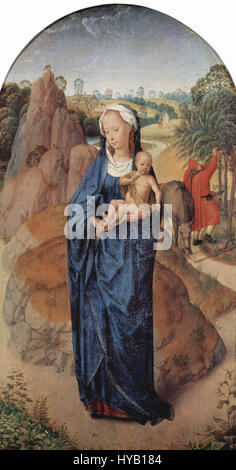 Le panneau central du triptyque de Hans Memling « le reste sur la fuite en Égypte », conservé au Louvre, représente une scène biblique sereine avec une attention exceptionnelle aux détails dans le paysage et les figures. Banque D'Images