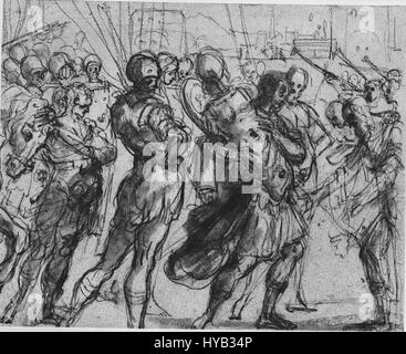 'Le triomphe de Romulus sur Acron' est une peinture baroque d'Annibale Carracci représentant le légendaire roi romain Romulus dans un moment victorieux. La pièce illustre les thèmes du triomphe militaire, de l'histoire romaine et des vertus classiques. Banque D'Images