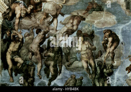 « Le jugement dernier » de Michel-Ange Buonarroti, dans son état non restauré, met en valeur la représentation dramatique du jugement final. Cette fresque emblématique, située dans la chapelle Sixtine, capture une scène vivante et complexe de paradis et d'enfer, soulignant l'utilisation magistrale de l'échelle et des détails par Michel-Ange. Banque D'Images