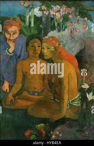 'Contes barbares' (1902) de Paul Gauguin est une peinture reflétant le temps de l'artiste à Tahiti, où il a exploré les thèmes de l'exotisme et des récits culturels. L’œuvre présente des couleurs vibrantes et des formes primitives typiques du style de Gauguin. Banque D'Images