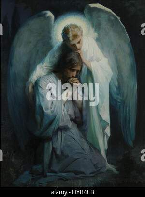 'Agonie dans le jardin' de Frans Schwartz, peint en 1898, représente le moment émotionnel de l'agonie du Christ dans le jardin de Gethsémani avant sa crucifixion. L'œuvre se caractérise par sa représentation dramatique de la souffrance, avec un accent sur la tourmente émotionnelle et le désespoir du Christ. Banque D'Images