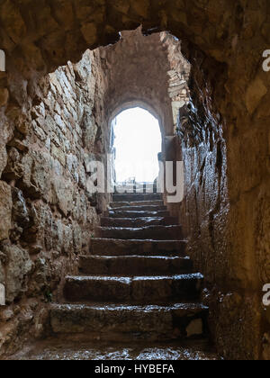 AJLOUN, JORDANIE - 18 février 2012 : escalier humide à l'époque médiévale château Ajlun en Jordanie dans l'hiver de pluie jour. Château d'Ajloun est musulmane château, il a été construit en Banque D'Images