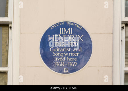 Blue plaque extérieur Jimi Hendrix's London accueil sur Brook Street, Mayfair. Banque D'Images