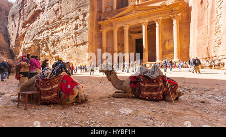 PETRA, JORDANIE - février 21, 2012 : les chameaux et les gens près de al-temple Khazneh (le Trésor) dans l'ancienne Petra. Rock-cut a été créé sur la ville de Petra Banque D'Images