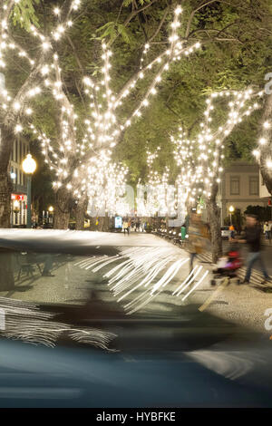 Festival carnaval blanc lumières à Avenida Arriaga, Funchal, Madère réfléchir sur une voiture Banque D'Images