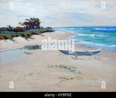 « Kahuku Beach, Oahu » de David Howard Hitchcock capture la beauté sereine d'une côte hawaïenne. L'œuvre met en valeur le paysage tropical avec des couleurs vives et des paysages marins calmes, reflétant l'expérience de l'artiste à Hawaï. Banque D'Images