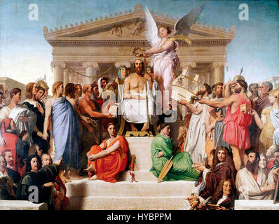 'Apothéose d'Homère' (1827) de Jean Auguste Dominique Ingres est une peinture néoclassique représentant le poète grec Homère élevé au statut divin. L’utilisation par Ingres de figures idéalisées et de travaux au trait fin illustre le style néoclassique et souligne l’influence durable d’Homère dans la culture occidentale. Banque D'Images