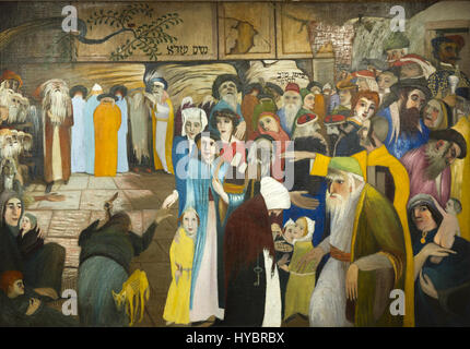 *Cskt panaszfal bejaratanal jeruzsalemben* est une œuvre de 1904 représentant le mur occidental de Jérusalem, connu sous le nom de mur des Lamentations, qui est un important site religieux juif. La pièce capte l’atmosphère solennelle de cet espace sacré. Banque D'Images