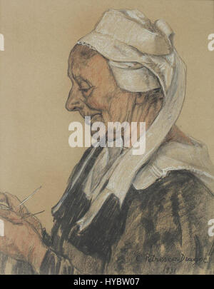 La peinture de Constantin Petrescu *Dragoe Batrana lucrand* (vieille femme Dragoe travaillant) représente une femme âgée engagée dans le travail traditionnel. L’œuvre reflète l’accent mis par Petrescu sur la vie rurale roumaine et le travail des générations plus âgées, mettant l’accent sur le patrimoine culturel et le passage du temps. Banque D'Images