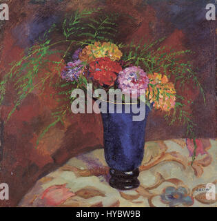 Emil Orlik (1870-1932) était un artiste germano-autrichien connu pour ses gravures sur bois et ses œuvres graphiques. Sa série 'Zinnien' (Cornflower) reflète sa maîtrise dans la capture de la beauté délicate de la nature. Les estampes d'Orlik sont remarquables pour leurs contrastes nets et leurs lignes complexes, qui transmettent l'essence des fleurs de manière dynamique et détaillée. Son travail a influé sur le développement du graphique du début du XXe siècle Banque D'Images