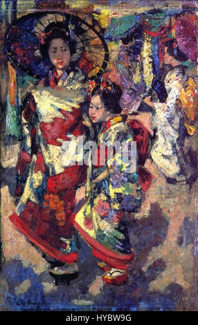 « Two Geisha Girls » d'Edward Atkinson Hornel (1894) représente deux femmes dans une tenue japonaise traditionnelle, capturant leur élégance et leur grâce. Hornel, influencé par l'art japonais, met en valeur les détails fins de leurs vêtements et les expressions sereines, mélangeant les techniques occidentales avec les sujets orientaux. Banque D'Images