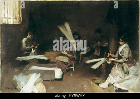 La peinture de John Singer Sargent, « Venetian Glass Workers », représente des artisans qualifiés qui fabriquent du verre à Venise. L’œuvre capture le processus complexe de la verrerie, mettant en valeur la maîtrise de Sargent de la lumière, de la texture et de la figure humaine dans l’atmosphère animée d’un atelier vénitien. Banque D'Images