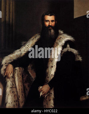La peinture de Paolo Veronese, « Gentleman in a Lynx fur », illustre le style Renaissance vénitienne. L'œuvre montre l'attention de l'artiste pour les tissus luxueux et les détails complexes, soulignant la maîtrise de Veronese dans le portrait et son approche sophistiquée de la couleur et de la lumière. Banque D'Images