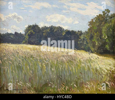 « Feld am Walde » de Hans Richard von Volkmann dépeint un paysage rural paisible en mettant l’accent sur la relation entre la nature et la lumière. La scène capture la tranquillité d'un champ forestier, avec une lumière douce filtrant à travers les arbres. L’attention de Volkmann aux effets atmosphériques est évidente dans l’utilisation de la couleur et du pinceau, soulignant la beauté tranquille de l’environnement naturel. Banque D'Images