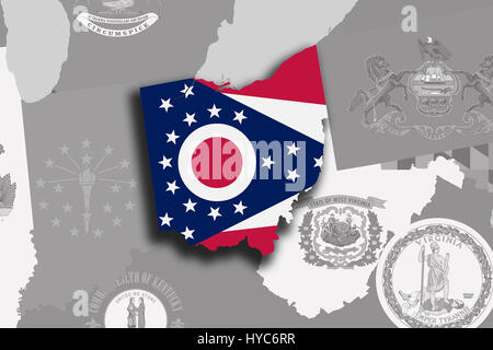 Illustration de l'état de l'Ohio silhouette site et d'un drapeau. Son une image JPG. Banque D'Images