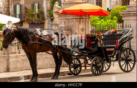 Cheval et le transport dans la Quattro Canti, l'un des quatre côtés de forme octogonale de la place baroque de Palerme - Italie Banque D'Images