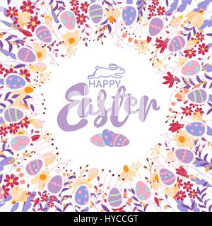 Couronne de fleurs avec fleurs de printemps ang des œufs. Joyeuses Pâques le lettrage. Illustration botanique. Des couleurs pastel. Vecteur. Illustration de Vecteur