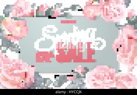 Douce rose floral background avec cadre et texte Vente de printemps, vector illustration. Vecteur de style vintage printemps doux fond illustration Illustration de Vecteur