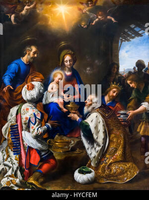 Scène de la nativité. L'Adoration des Rois par Carlo Dolci (1616-1686), huile sur toile, 1649. Jésus bébé cadeaux offerts par les Rois Mages. Banque D'Images