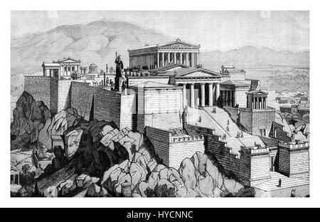 XIX siècle gravure décrivant comment aurait pu être l'acropole d'Athènes dans l'ancien temps, pas endommagé au cours des siècles. Banque D'Images