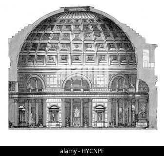 L'intérieur du Panthéon de Rome, l'ancien temple romain, maintenant une église, avec la rotonde undera dôme de béton à caissons, avec une ouverture centrale pour le ciel.XIX siècle gravure Banque D'Images