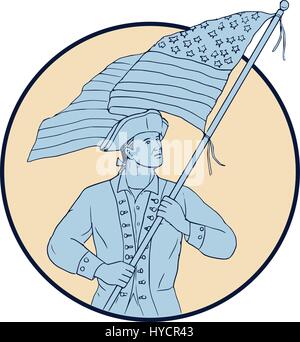 Style croquis dessin illustration d'un patriote américain transportant en agitant le drapeau usa à côté de la vue de l'avant ensemble à l'intérieur du cercle. Illustration de Vecteur