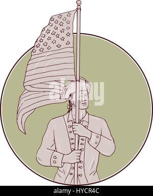 Style croquis dessin illustration d'un patriote américain debout dans toute son attention l'exécution usa sur le côté du pavillon à la vue de l'avant à l'intérieur Illustration de Vecteur