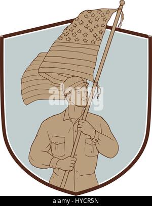 Croquis dessin illustration de style militaire, un soldat américain forme holding usa flag à côté de l'écran à l'intérieur set crest isolées sur des ba Illustration de Vecteur