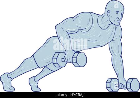 Croquis dessin illustration style de travail d'un athlète à faire poussez se lève avec une main tenant set d'haltères d'isolées sur fond blanc. Illustration de Vecteur