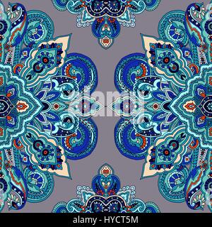 Résumé motif paisley géométrique circulaire. Ornement mandala oriental traditionnel. Teal tons sur fond gay. Le design textile. Illustration de Vecteur