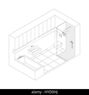 Dessin tiré de l'intérieur d'une salle de bains privative. Vue isométrique Illustration de Vecteur