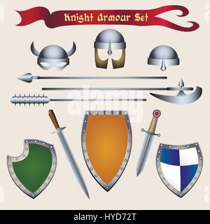 Tournoi médiéval accessoires et éléments d'armure de chevalier. Vector illustration dans un style de dessin animé. Illustration de Vecteur