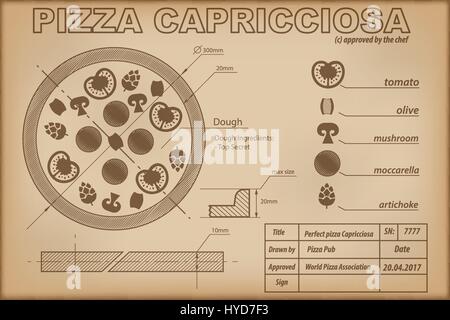 Ingrédients Pizza Capricciosa attirer scheme Illustration de Vecteur