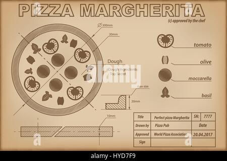 Ingrédients Pizza Margherita attirer scheme Illustration de Vecteur