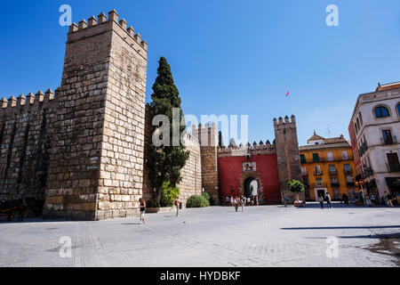 Sevilla, Espagne - 09 septembre 2015 : Vue de la porte d'Alcazar Gardens à Séville. Les touristes de marcher sur les rues ensoleillées. Espagne Banque D'Images