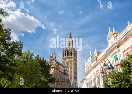 Sevilla, Espagne - 09 septembre 2015 : Tour de la Giralda, de la cathédrale Sainte Marie de l'voir, l'Andalousie. Provincial de Séville sur le côté droit Banque D'Images