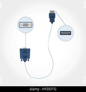 Avec un câble HDMI et VGA à chaque extrémité. Vue de face (détail) et Vue de dessus. Modèle plat. Illustration de Vecteur