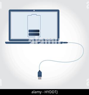 Ordinateur portable connecté au câble USB. Symbole de la batterie affichée à l'écran. Batterie faible. Modèle plat. Illustration de Vecteur