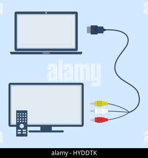 Ordinateur portable et la télévision avec RCA et HDMI interconnect. Modèle plat. Illustration de Vecteur