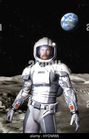 L'astronaute futuriste sur la Lune 3D surface rendent l'illustration de science-fiction Banque D'Images
