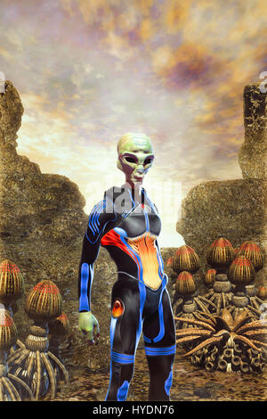 Alien sur la planète 3D render illustration science fiction Banque D'Images