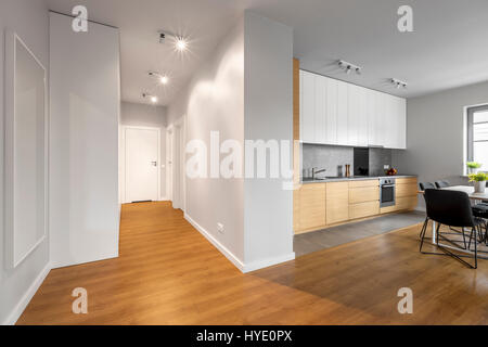 Moderne, cet appartement spacieux et lumineux avec murs blancs et parquet Banque D'Images