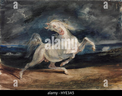 « Horse effrayé par la foudre » d’Eugène Delacroix capture un moment dramatique de tension, dépeignant un cheval surpris par un éclair. La peinture met en valeur la maîtrise du mouvement dynamique de Delacroix, des contrastes de couleurs vifs et une intensité émotionnelle, caractéristiques de son style romantique. L’image souligne la puissance brute de la nature et la vulnérabilité de l’animal, illustrant l’accent mis par Delacroix sur l’émotion et le mouvement. Banque D'Images