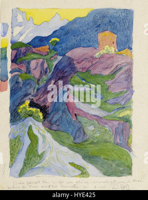 La peinture de Giovanni Giacometti « Der Turm BEI Nossa Donna in Promontogno im Bergell » dépeint le paysage majestueux de la région de Bergell dans les Alpes suisses, capturant la beauté rurale et les éléments architecturaux de la région, y compris la tour de Nossa Donna. Banque D'Images