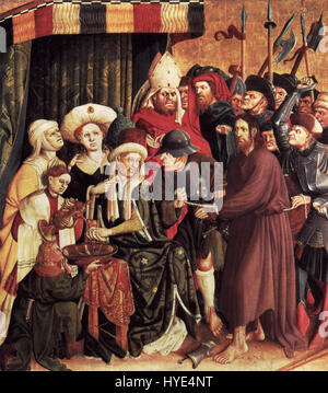 Le Christ avant Pilate de Hans Multscher décrit le moment charnière de la tradition chrétienne lorsque Jésus est amené devant le gouverneur romain, Ponce Pilate. La peinture reflète le drame et l'intensité de cette scène religieuse. Banque D'Images