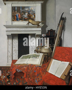 « Room Corner with Curiosities » de Jan van der Heyden représente un espace intérieur rempli d'objets et de curiosités, mettant en valeur sa maîtrise de la nature morte et de la peinture intérieure, caractéristiques du réalisme hollandais du XVIIe siècle. Banque D'Images